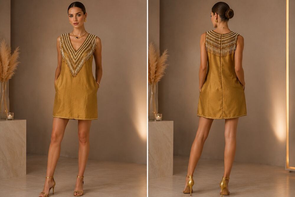 Calypso St. Barth 100% Silk Beaded Fringe Mini Dress Gold XS Cocktail Part